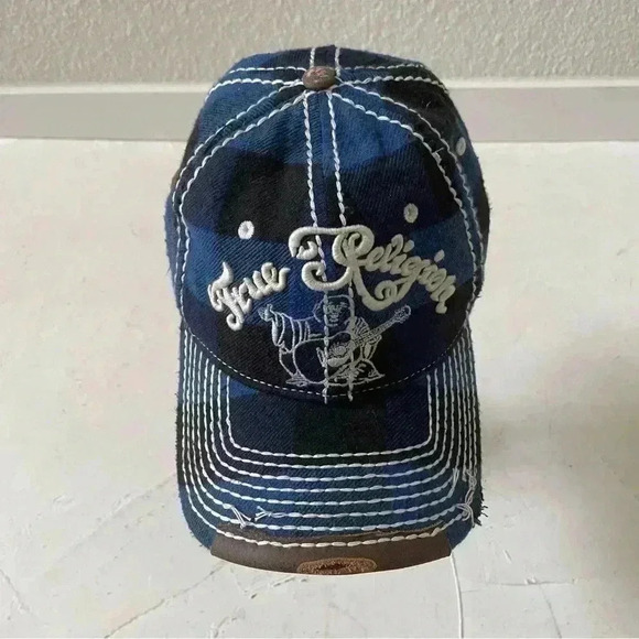 Vintage TRUE RELIGION Hat Distressed Blue Plaid Buddha Baseball Trucker RARE - Picture 1 of 9